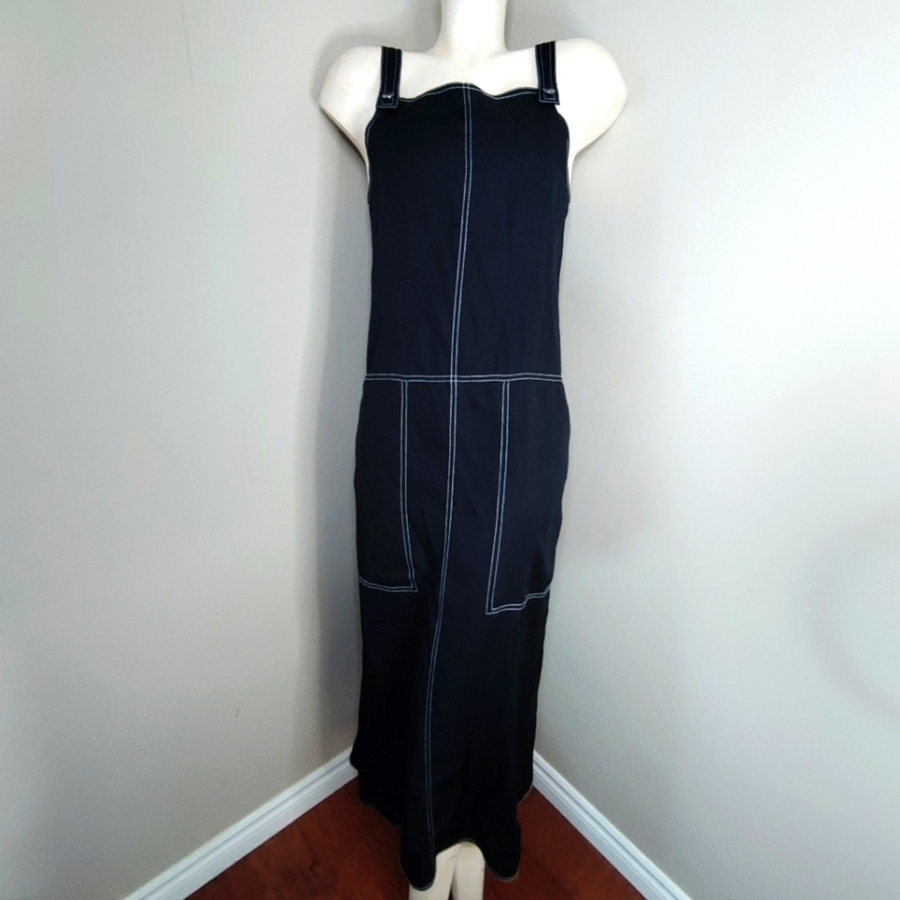 PURIFICATION GARCIA Black Maxi Apron Dress with White Stitching 42 M A-line